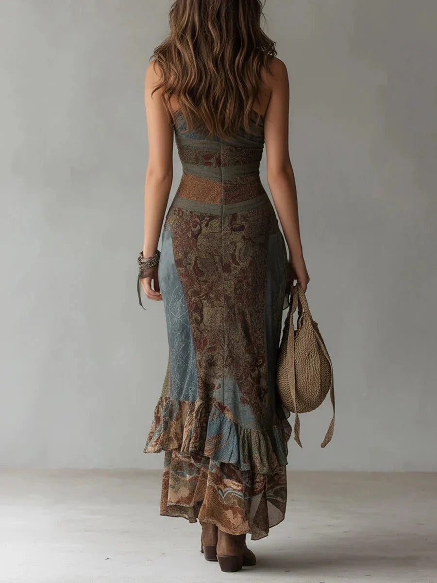 MARÍA | VESTIDO LARGO ASIMÉTRICO CON ESTAMPADO ÉTNICO Y ABERTURA LATERAL