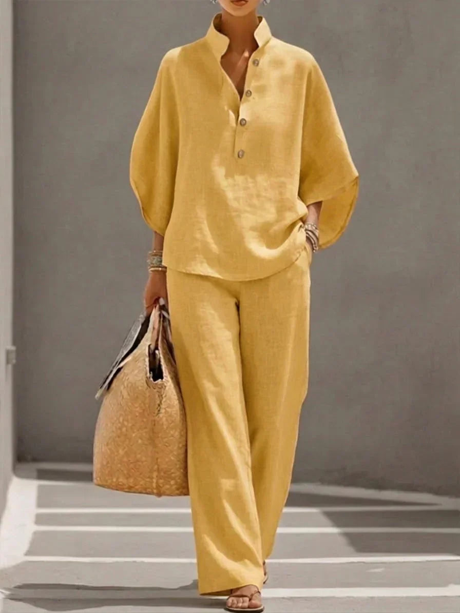 MARIBEL | CONJUNTO DE LINO CON MANGAS MURCIÉLAGO Y PANTALÓN ANCHO
