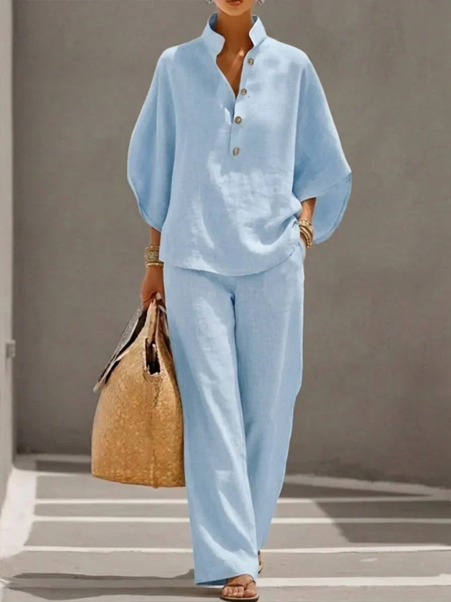 MARIBEL | CONJUNTO DE LINO CON MANGAS MURCIÉLAGO Y PANTALÓN ANCHO
