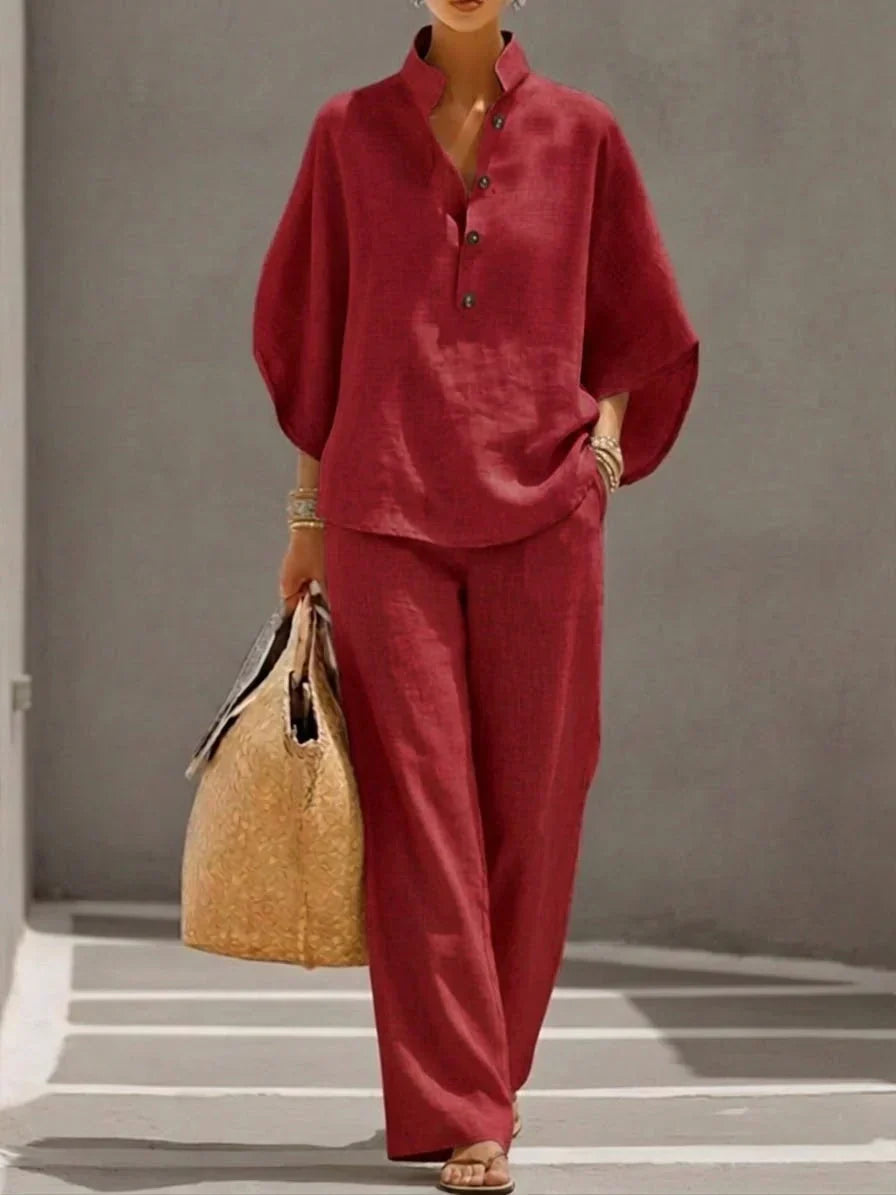 MARIBEL | CONJUNTO DE LINO CON MANGAS MURCIÉLAGO Y PANTALÓN ANCHO