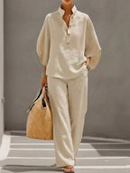 MARIBEL | CONJUNTO DE LINO CON MANGAS MURCIÉLAGO Y PANTALÓN ANCHO