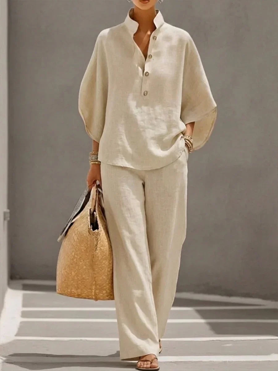 MARIBEL | CONJUNTO DE LINO CON MANGAS MURCIÉLAGO Y PANTALÓN ANCHO